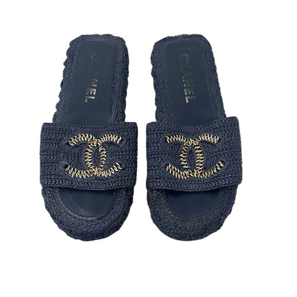 Chanel Raffia Cord Braided CC Slides Sandals Mules Navy Blue Size 39 - Picture 1 of 11